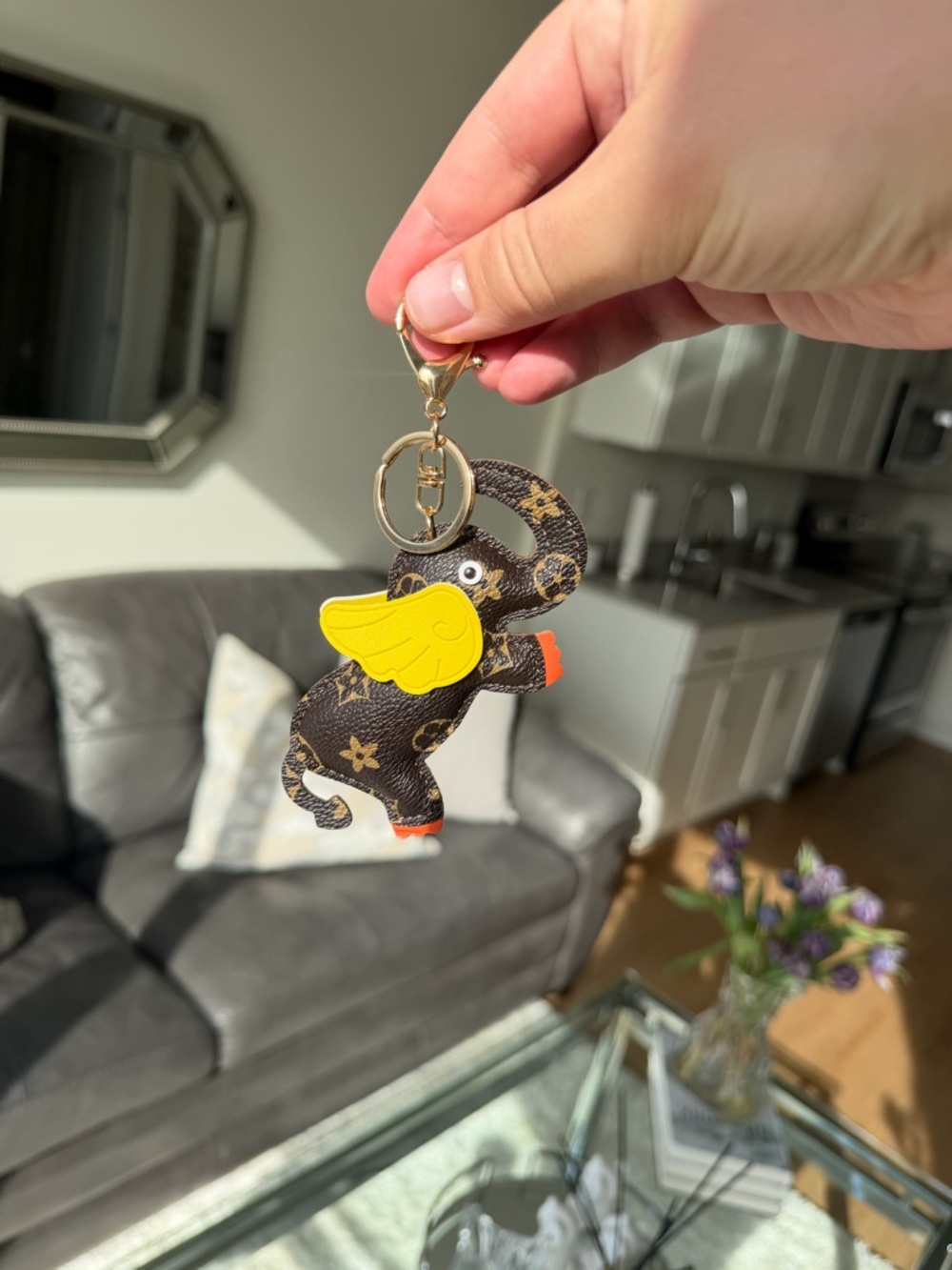 Monogram Elephant Keychain with Yellow Wing